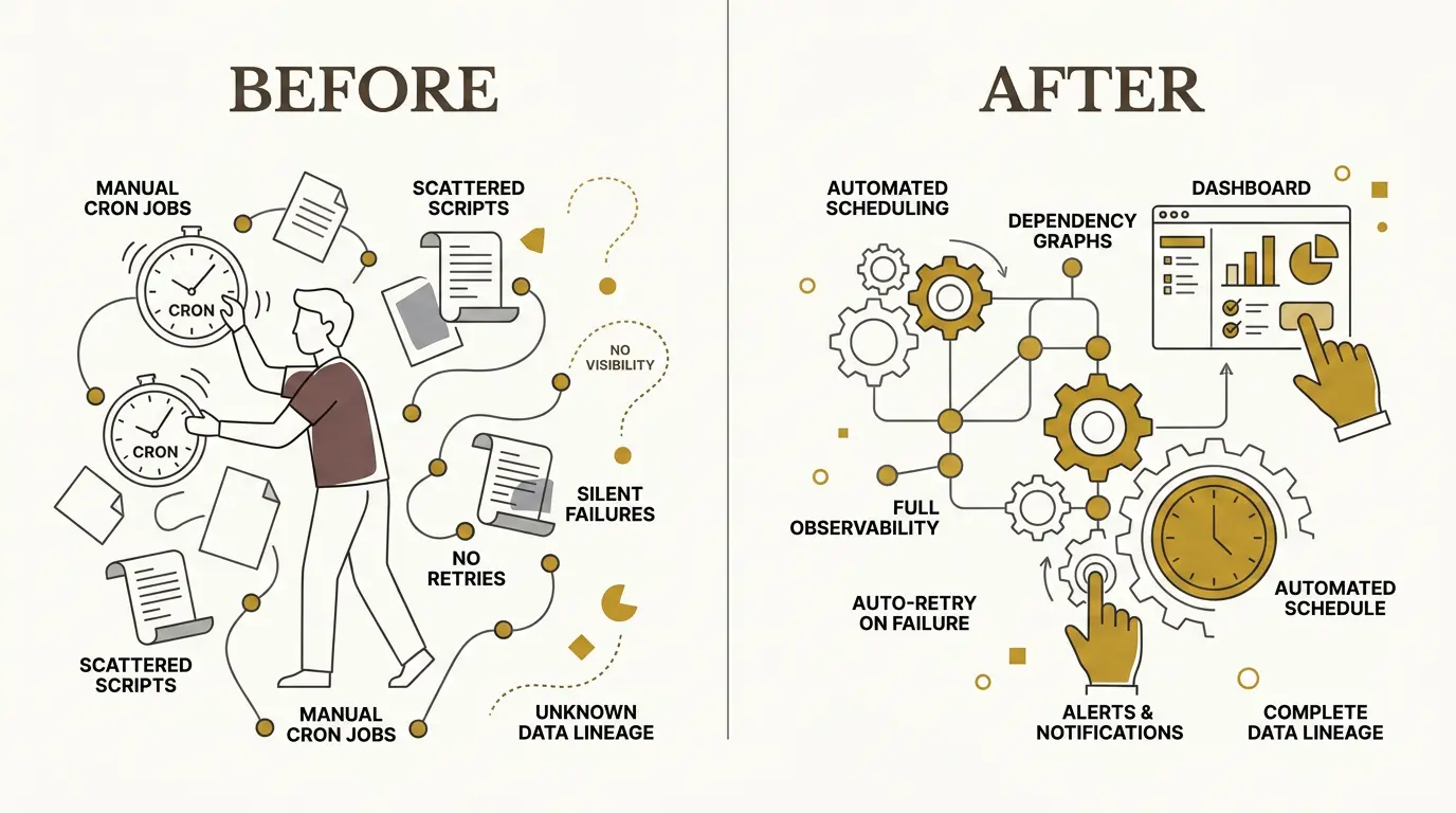 Scattered scheduled jobs versus an orchestrated pipeline