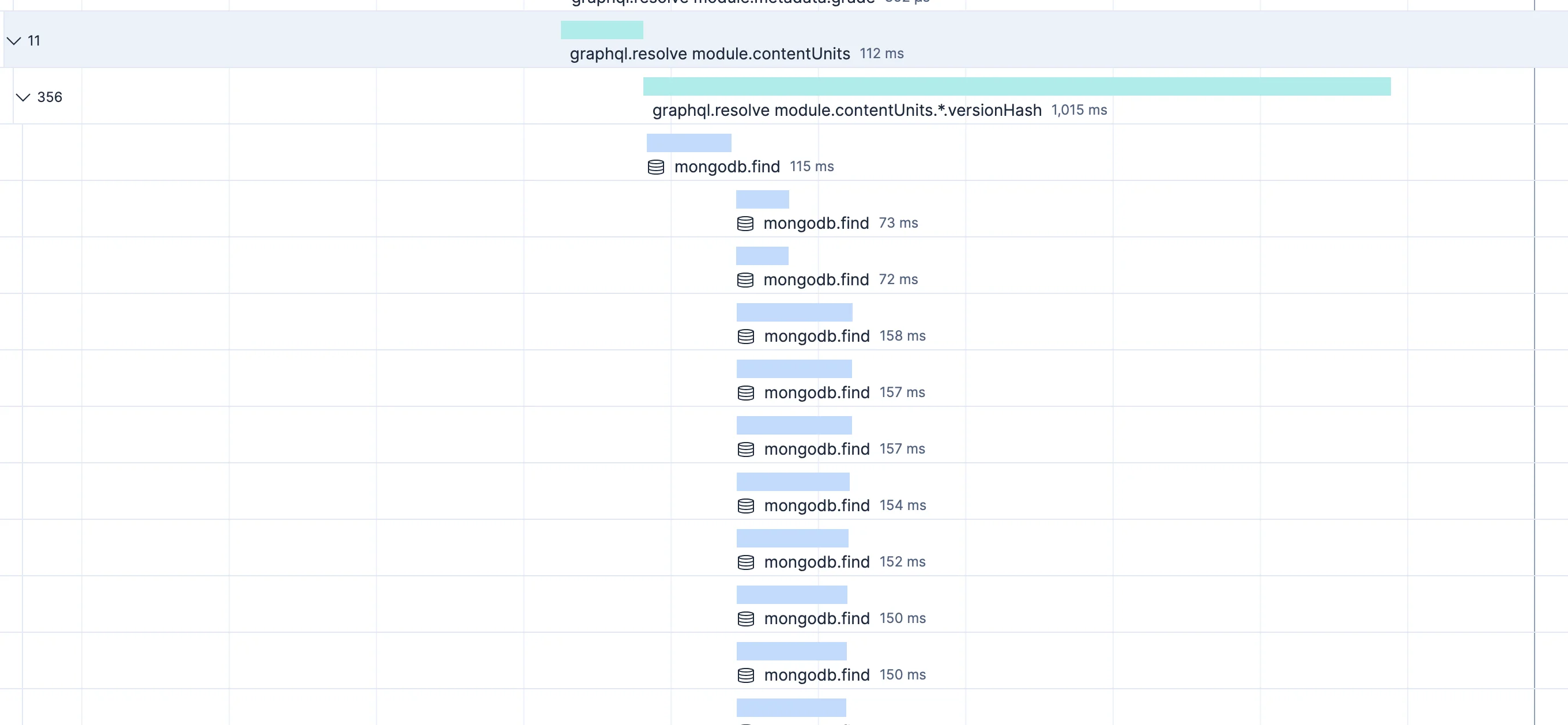 APM trace showing 356 individual mongodb.find spans under the versionHash resolver